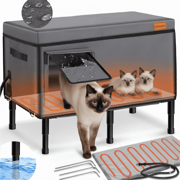 Gimars Large Heated Outdoor Cat House with Detachable Heating Pad, Weatherproof Insulated Winter Shelter, 5.1" Elevated Base with Auto Shut-Off, Warm Cat House for Multiple, Feral, Stray & Barn Cats
