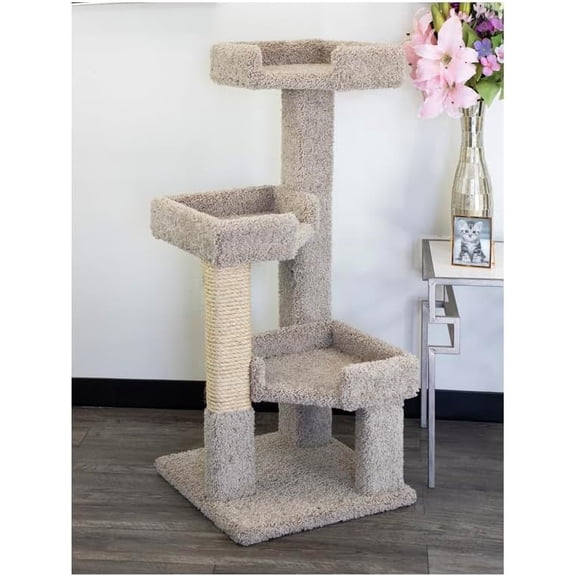 Neo-Classical Nostal 3 Level Solid Wood and Carpet  Tree 60" H x 24" W x 20" D Multi-Level Cat Tree with Wood Construction and Carpeted Areas