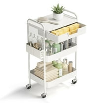LUCKUP 3 Tier Rolling Cart with Drawer, Metal Rolling Utility Cart on Wheels with Pegboard, Art Cart Storage Organizer with Tabletop for Living Room, Office, Bedroom (White)