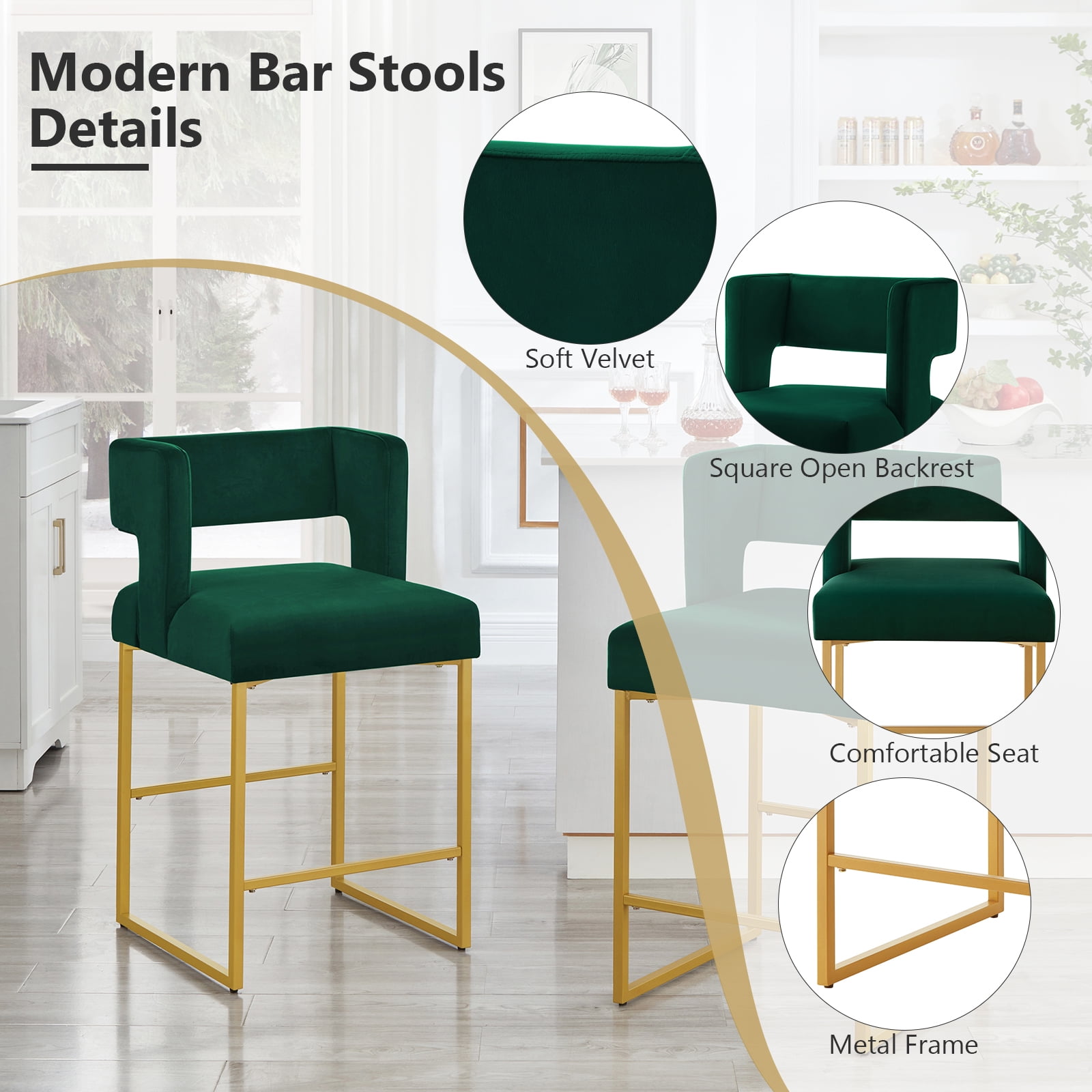 Lecut 26" H Counter Height Bar Stools Set of 2, Modern Velvet Bar Stools with Square Open Backrest and Gold Metal Frame, Kitchen Counter Stools for Island, Home Bar, Pub,Green+Gold