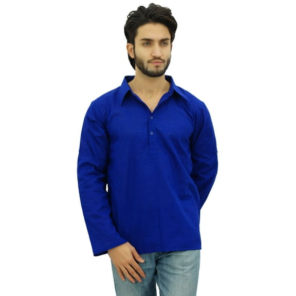 Atasi Men's Kurta Roll-Over Blue Shirt Collar Neck Ethnic Indian Clothing-Large