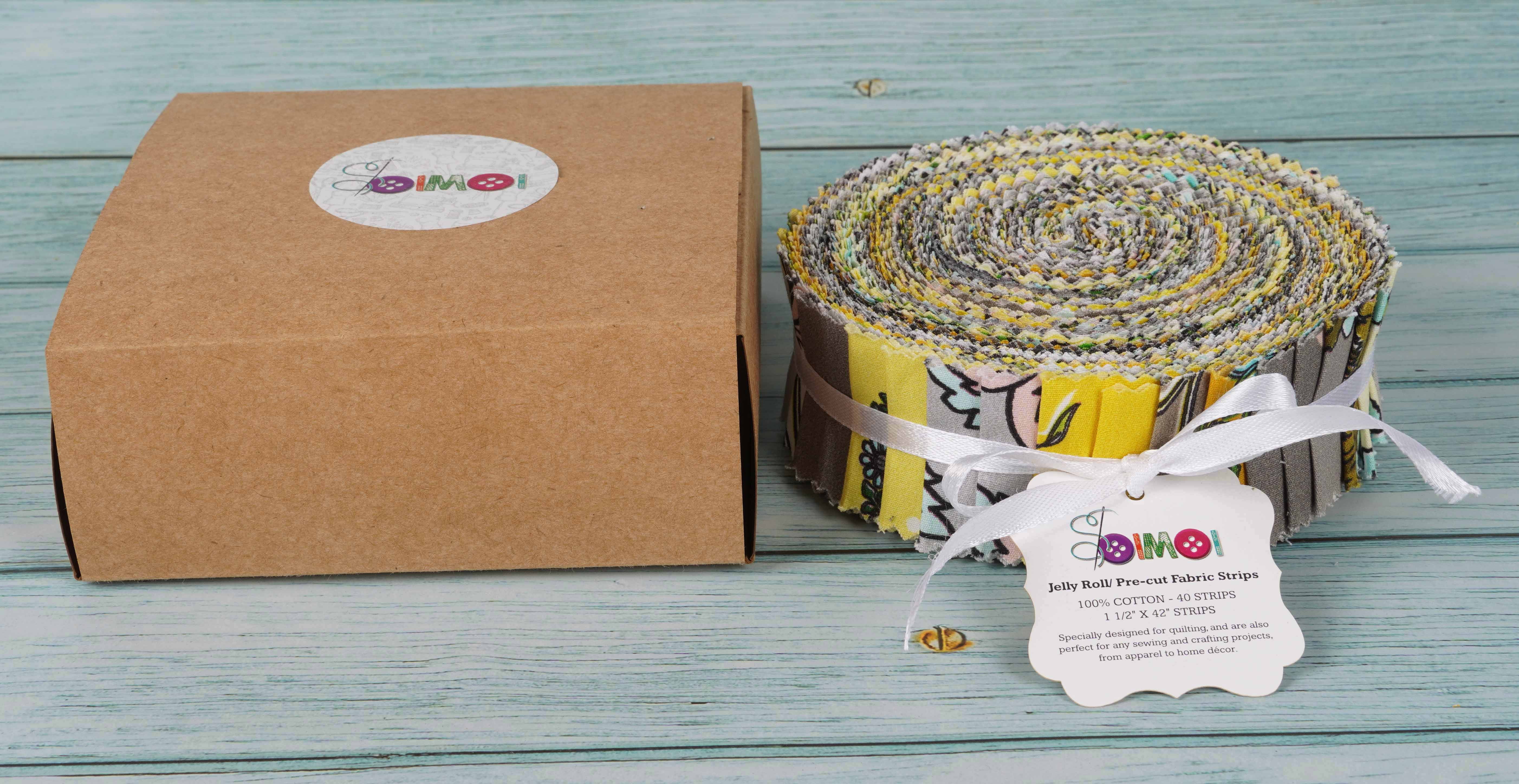 Soimoi 40Pcs Block Print Precut Fabrics Strips Roll Up 1.5x42inches Cotton Jelly Rolls For Quilting - Yellow