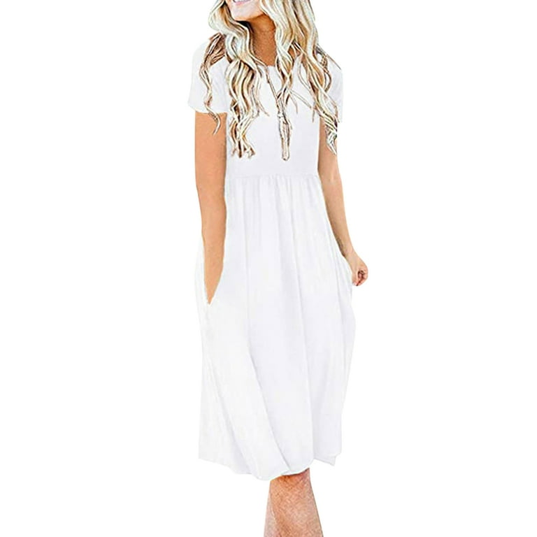 Cethrio Summer Maxi Dress for Women- Fashion Casual Short Sleeve Crew Neck  Pockets Solid Ladies Dress White