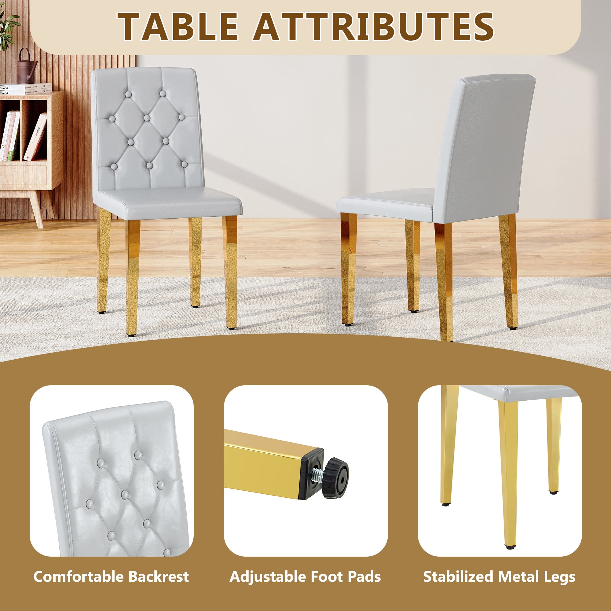 TesNus Dining Chairs Set of 2, 35" Height Light Gray PU Leather Tufted Back Upholstered Chairs with Gold Metal Legs for Dining Room Kitchen