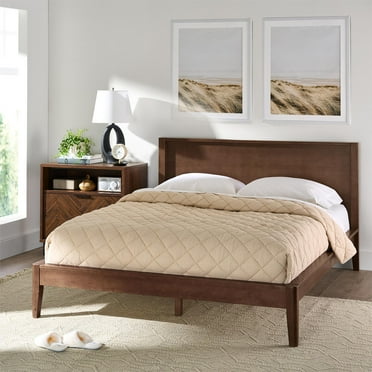 Better Homes & Gardens Ezra No Tool Solid Wood Bed, Queen, Walnut Finish