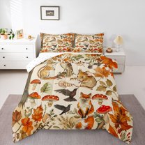 Manfei Animal Fox Owl Full Size Comforter Sets 3-Piece for Teens,Botanical Mushroom Bedding Comforter Set,Happy Fall Autumn Lightweight Bedding Sets,Microfiber Bedroom Decor,Reversible