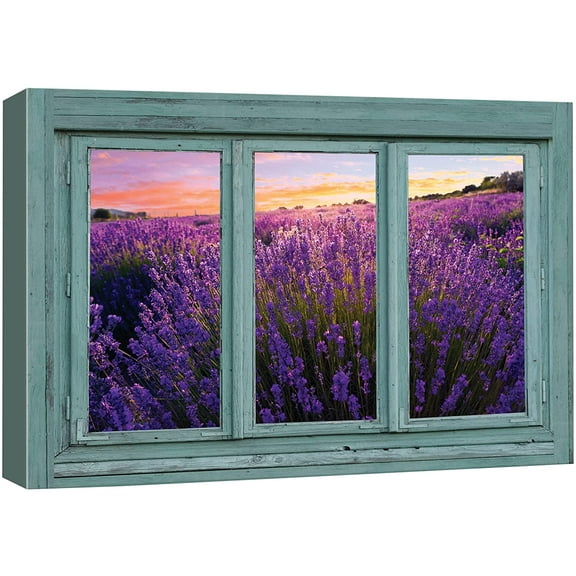 wall26 Canvas Print Wall Art Window View of Field of Lavender Flowers Nature Wilderness Photography Realism Rustic Landscape Colorful Vibrant for Living Room, Bedroom, Office - 16"x24"