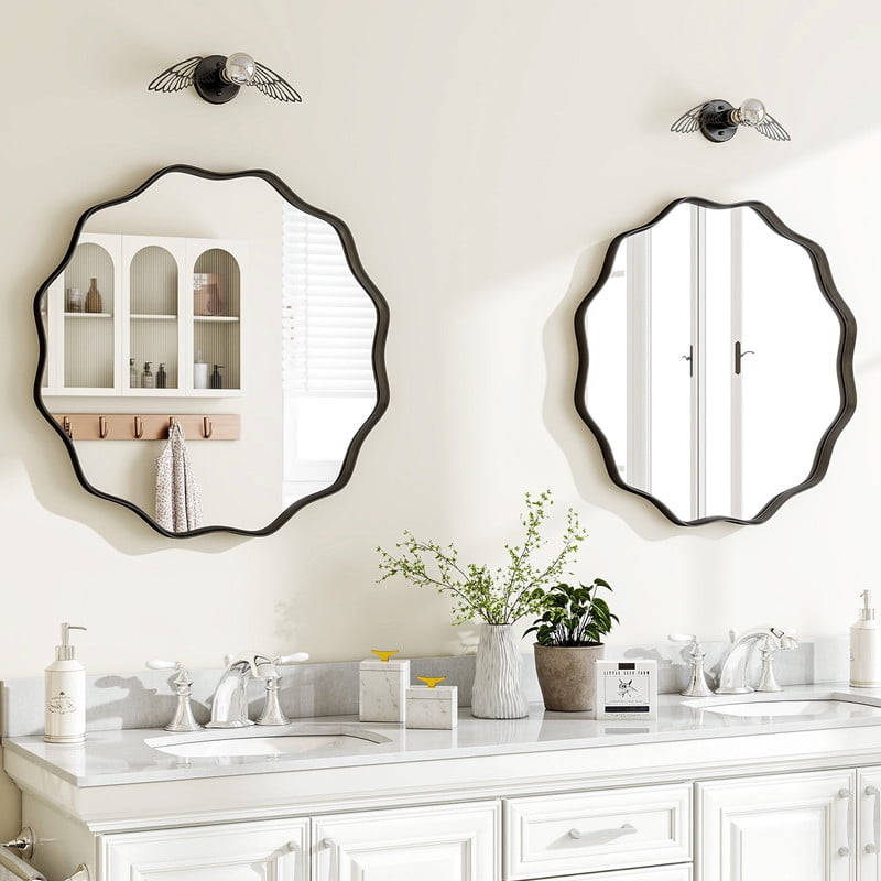 Easy4Home 24" Wavy Round Decorative Mirror With Deep Frame, Black