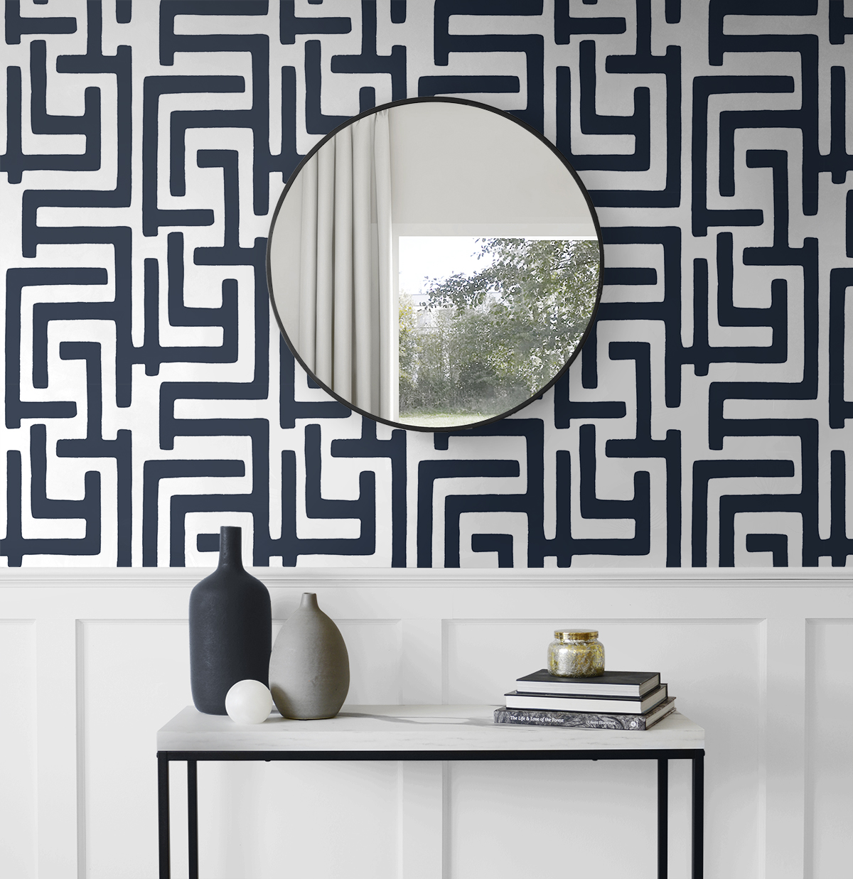 NextWall Dark Blue Graphic Maze Peel and Stick Wallpaper