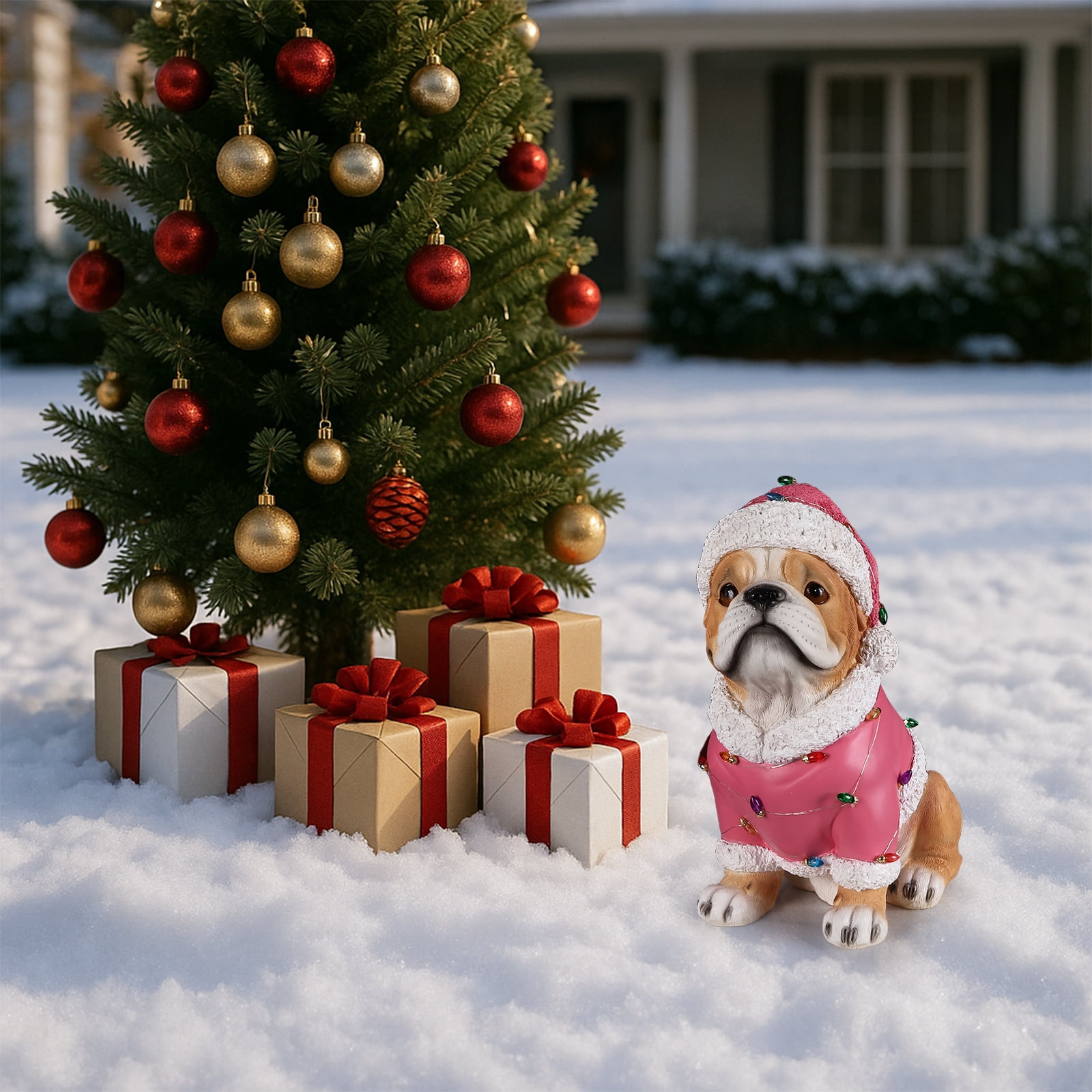 Pug Pink Santa Outfit Christmas Dog Statue with Santa Hat Bulb Accents Holiday Tabletop Decor