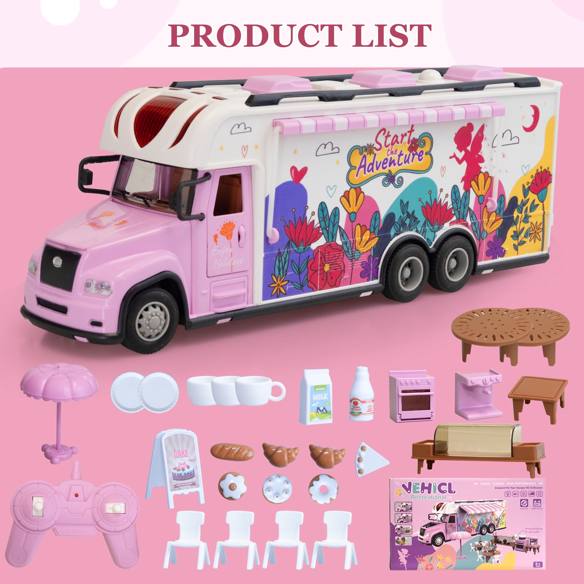 SaveJoy Remote Control Cars, 1:18 RC Car Recreational Vehicle, Toys Campervan RC Motorhome for Kids Boys Girls, with Playset, Pink