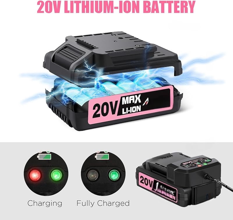 20V MAX Lithium lon Cordless Drill Set, Power Drill Kit with Battery and Charger, 3/8-Inch Keyless Chuck, Variable Speed, 16 Position and 22pcs Drill Bits (pink)