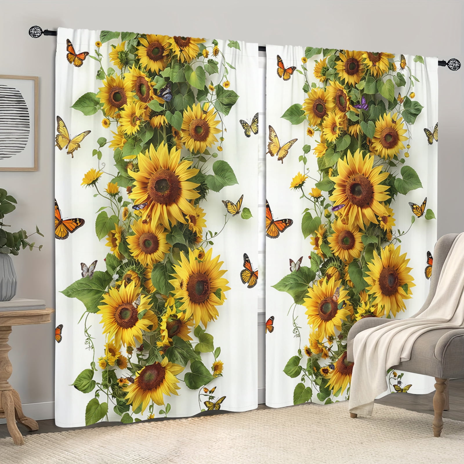 WNOOHIY Rural Natural Butterfly Sunflower Green Branches Light-filtering Window Curtains for Bedroom and Living Room, Set of 2 Panels