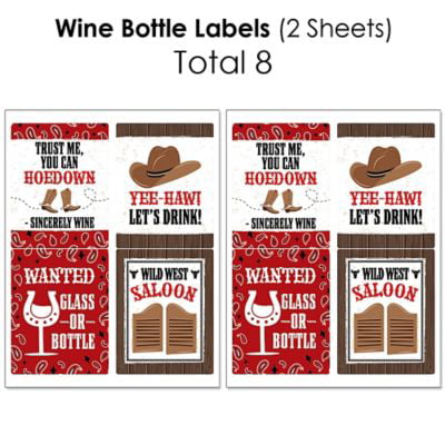 Western Hoedown Wine Bottle Labels and Water Bottle Labels Wild West Cowboy Party Decor Mini Wine Bottle Beverage Bar Kit 34 Pc