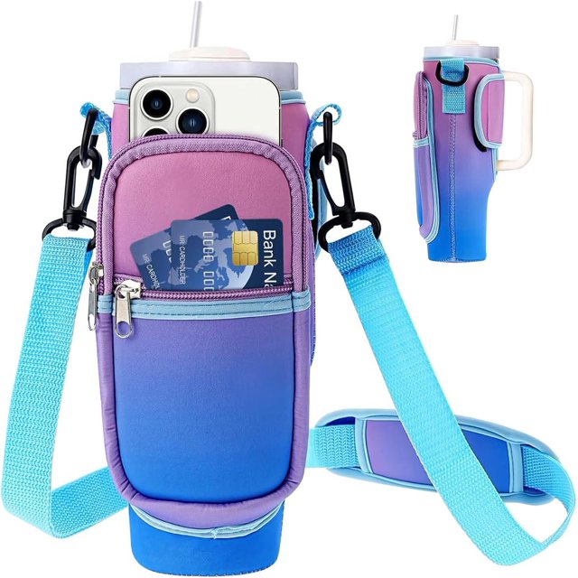 Bolsa de transporte para botella de agua Stanley de 40 oz con bolsillo lateral para teléfono celular y correa de hombro ajustable, bolsa con asa para taza Stanley para caminatas, viajes y campamentos