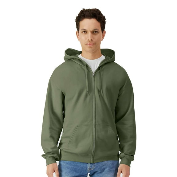 Gildan Men's Softstyle Zip Up Hoodie, Classic Fleece Full-Zip Hooded Sweatshirt, Military Green, S