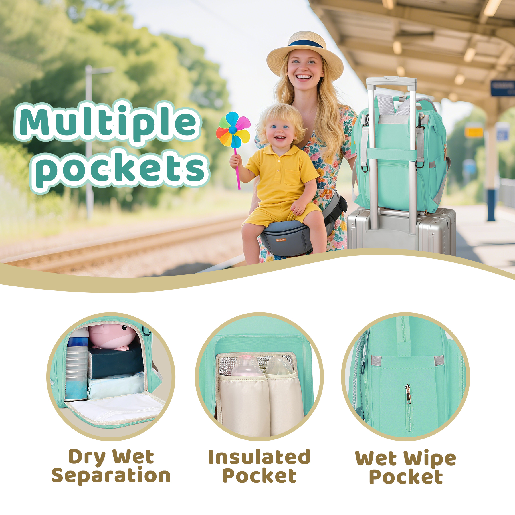 stillithou Diaper Bag Backpack for Women, Large Capacity Baby Diaper Backpack with Wet Dry Pockets, Stroller Straps & Insulated Pockets - Travel Daily Use Shopping, Light Blue