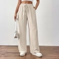 thumbnail image 2 of Lumtrix Women's Baggy Straight Wide Leg Pants Drawstring High Waisted Casual Long Trousers with Pockets Beige L, 2 of 5