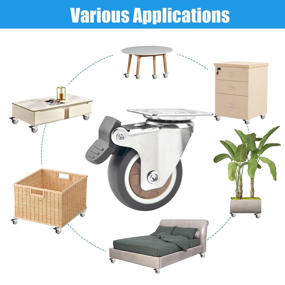FRKSMD-2 Inch Swivel Caster Wheels with Brake(2 with Brakes&2 Without) – Heavy Duty Rubber Casters Set of 4, Supports up to 231 Lbs, No Noise, Locking Plate Castors Safe for Hardwood Floor & Carpet