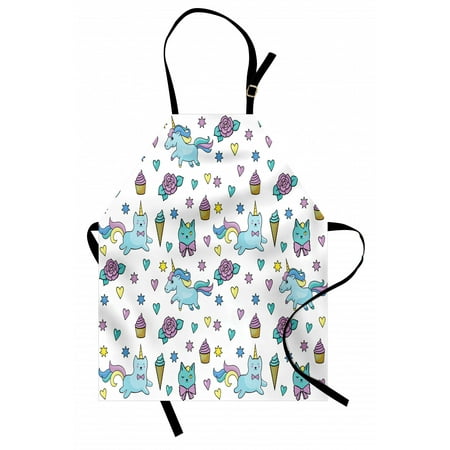 

Unicorn Cat Apron Girls Pattern with Hearts Stars Flowers Ice Cream Cute Funny Unisex Kitchen Bib Apron with Adjustable Neck for Cooking Baking Gardening Pale Blue Lavender Yellow by Ambesonne