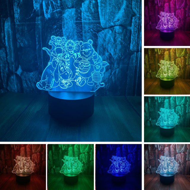 Cartoon Family Winnie Pooh Bear Eeyore Tigger Piglet Roo Rabbit Robin Friends Anime Figure 3D LED Optical Illusion Bedroom Decor Table Lamp 7 Colors Sleep Night Light Birthday Gifts for Child Kids