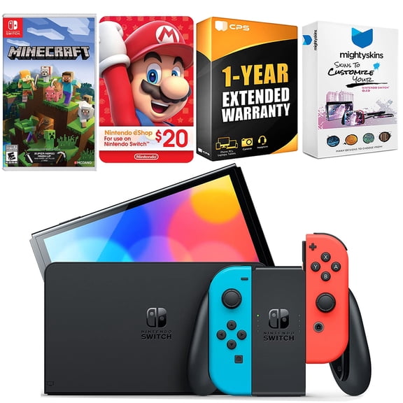 Nintendo Switch Neon Red & Blue OLED Console with Minecraft: Switch Edition, Nintendo $20 eShop Gift Card, MightySkins Console and Controller Skin Voucher and 1 Year CPS Extended Warranty