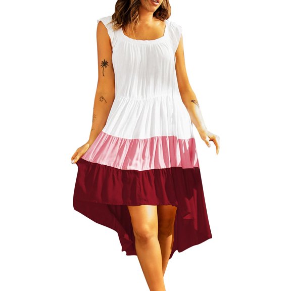 PuLe Summer DressDresses for Women Square Neck Tiered Color Block Ruched Tank Dresses High Low Hem Flowy Casual Sundresses