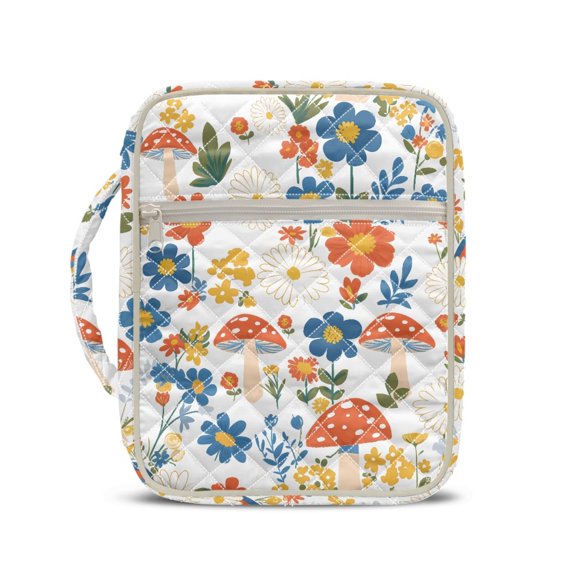 HELLHERO Reusable Quilted Bible Cover for Women, Zipper Large Capacity Bible Cover Case Polyester Fabric Church Pouch Mushroom Floral Print