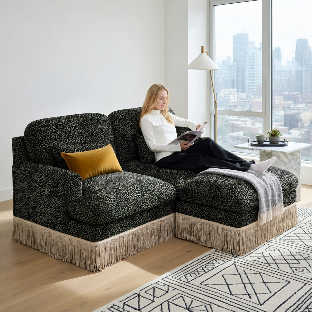 Hommoo 2-Seat Leopard Print Chenille Loveseat Sofa with Tassel Trim, Modern Modular Sectional Couch, Ergonomic Deep Seat Design, Easy Assembly, Living Room Sofa, Green Black