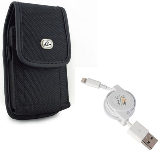 Retractable USB Cable w Rugged Case Belt Clip for iPhone XS Max/8 PLUS/7 Plus/6S Plus/6 Plus - Charger Power Cord Sync Wire and Holster Canvas Cover Pouch Carry