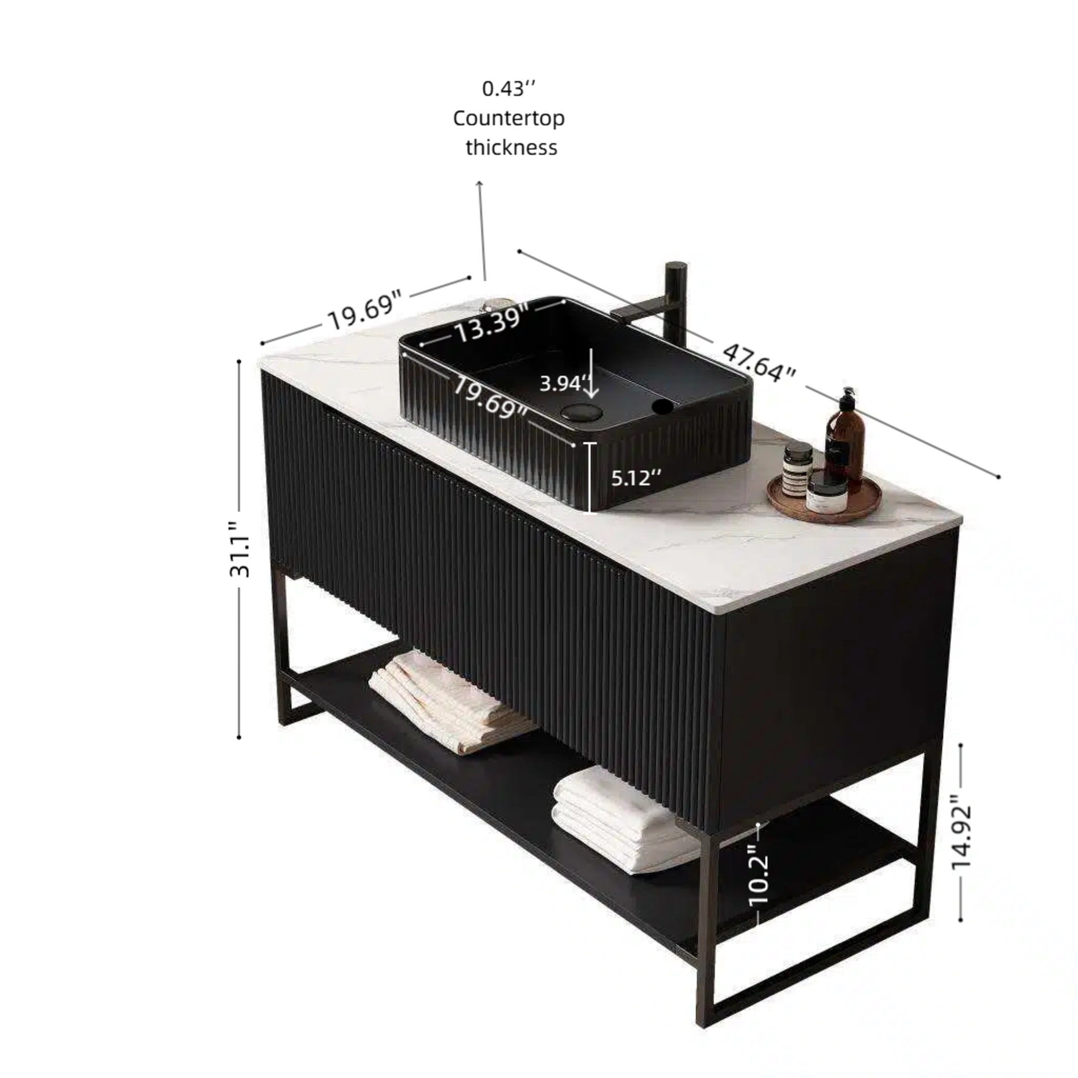Noble House Tulio 48" Freestanding Bathroom Vanity with Sintered Stone Countertop, Black Rectangle Ceramic Basin, Black