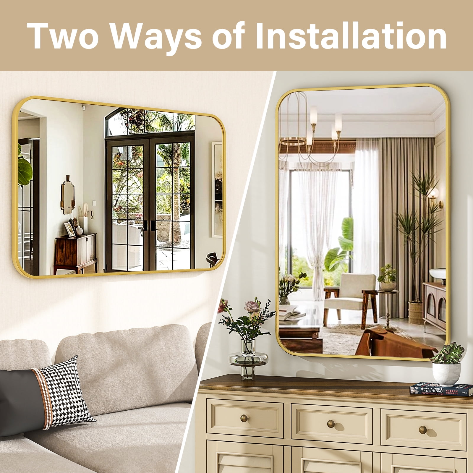 Easy4Home 48"x36" Large Rectangular Bathroom Mirror Hanging Rounded Corners Vanity Mirror Wall Mounted, Gold