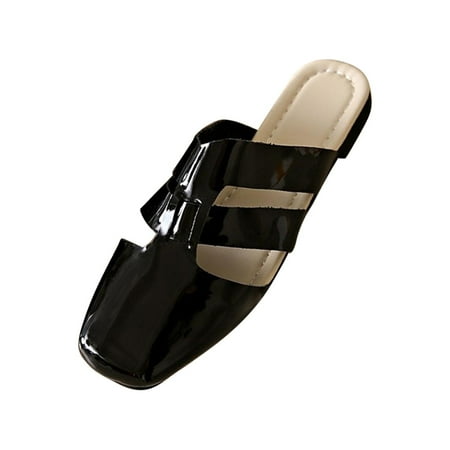 

JeashCHAT Clearance Slip On Slide Sandals for Women Women s Small Square Toe Color Matching Flat Sandals Bottomed Versatile Half Slippers (Black)