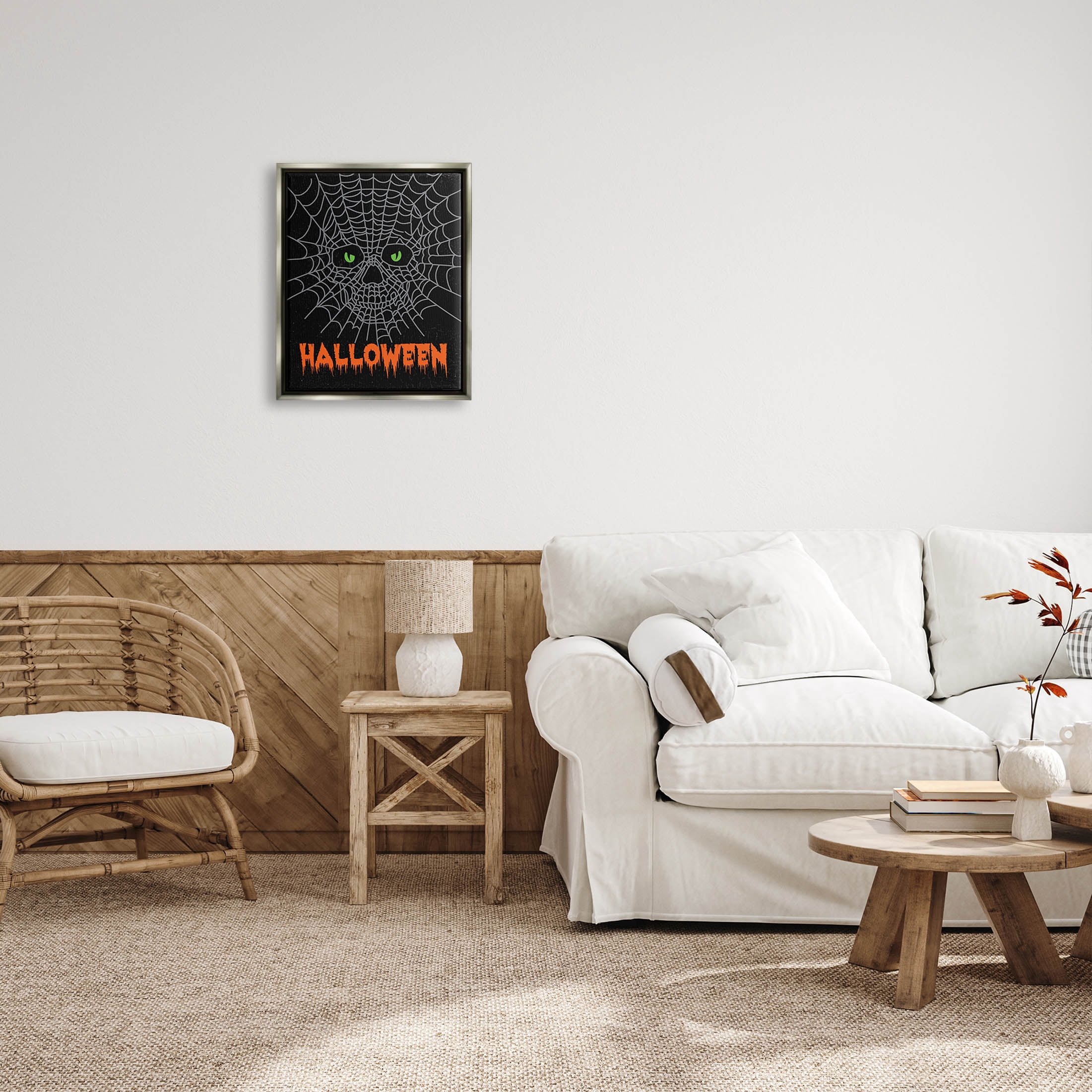 Stupell Industries Spooky Halloween Spider Web Skull Graphic Art Luster Gray Floating Framed Canvas Print Wall Art, Design by Linda Birtel