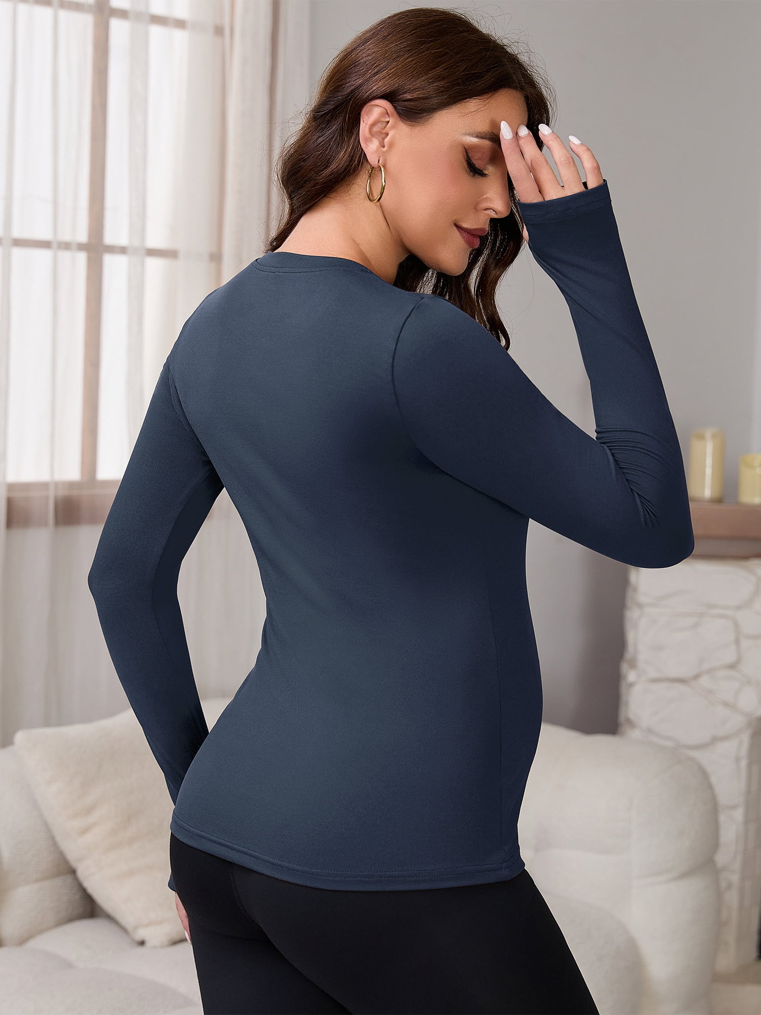 DARING DIVA Women's Maternity Stretchy Fitted Crew Neck Long Sleeve Tops M Navy Blue