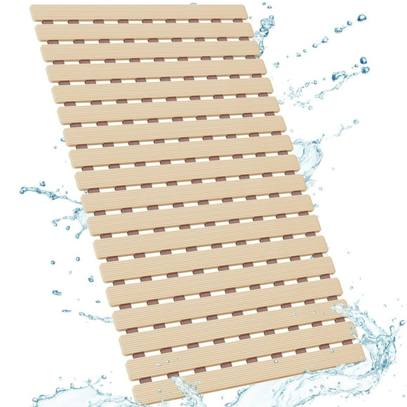 Yolife Non Slip Bath Mat Quick Drain Shower Floor Mat Colorful Bathtub Mat Slatted Duckboard Design with Suction Cups (C-Brown, 24.8 x 15.75 inches)