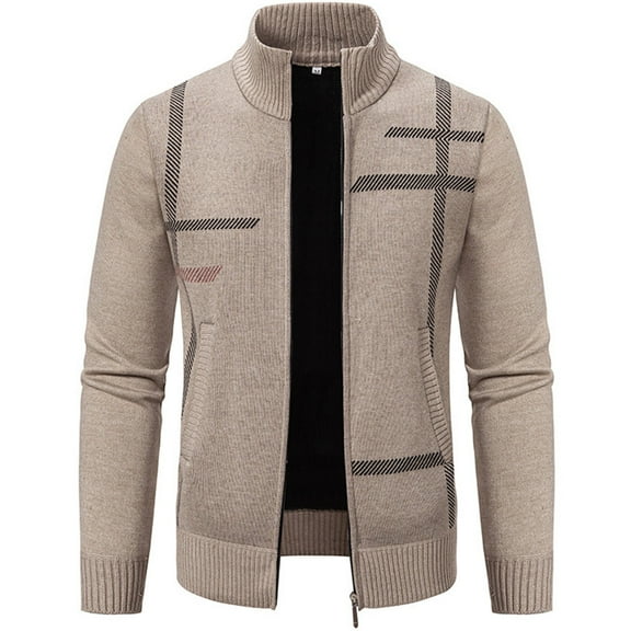 WREESH Fashion Zip-Up Sweater Jacket Men's New Winter Stand Up Collar Cardigan Sweater Thickened Warm Knit Sweater Beige