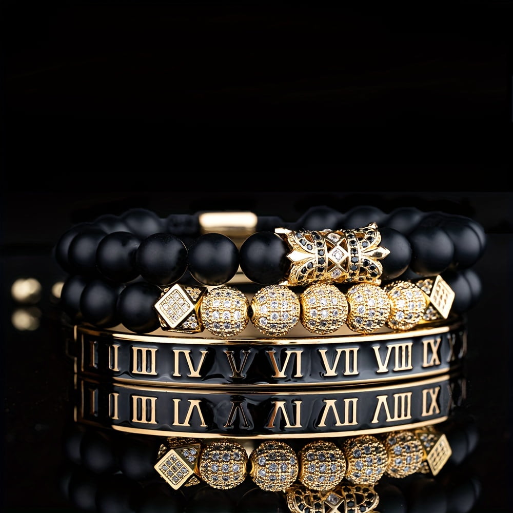 Luxury charm bracelet for men - stainless steel inlaid cubic zirconia with Roman numerals, adjustable size 6.3"-8.2", fashion jewelry gift,Black