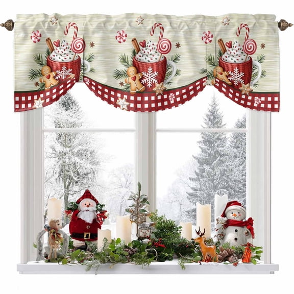 Christmas Coffee Tie Up Valances Curtain, Xmas Gingerbread Man Holly Green Stripes Red Adjustable Rod Pocket Short Window Treatment Tie Up Curtains Valances for Kitchen Living Room Bathroom 54x18 In