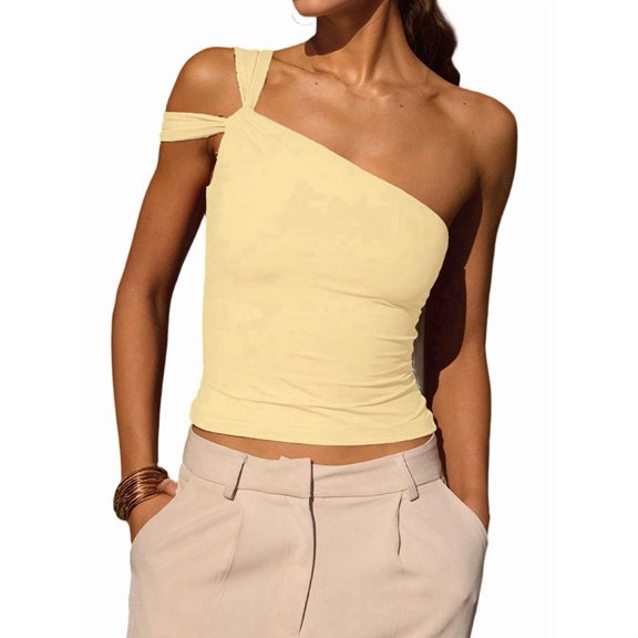 Women's One Shoulder Asymmetric Strapless Tube Fitted Y2k Tank Going Out Outfit Top Light Yellow S