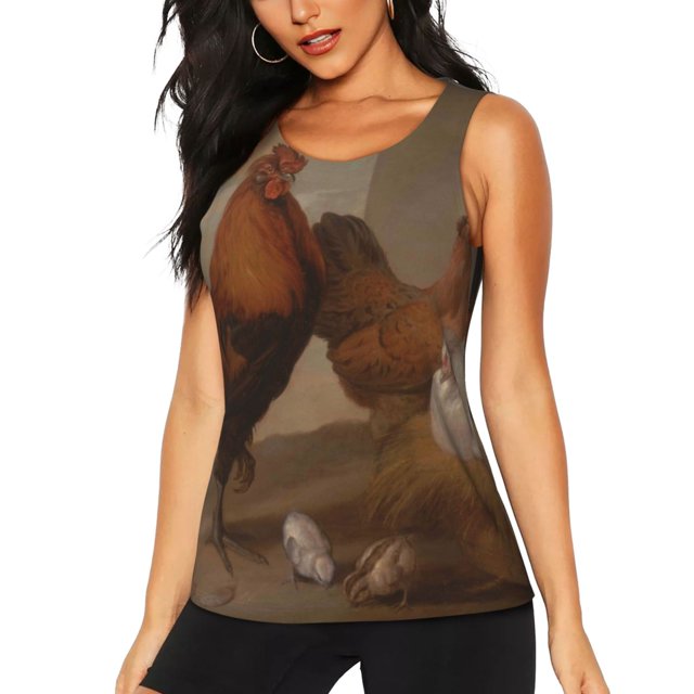 Fotbe Oil Painting Chicken And Duck Blusas Sin Mangas para Mujer – Estilo Casual, Corte Suelto, Slim-Fit, Cuello Redondo Deportivo, Tops de Verano para Gimnasio y Yoga-X-Large