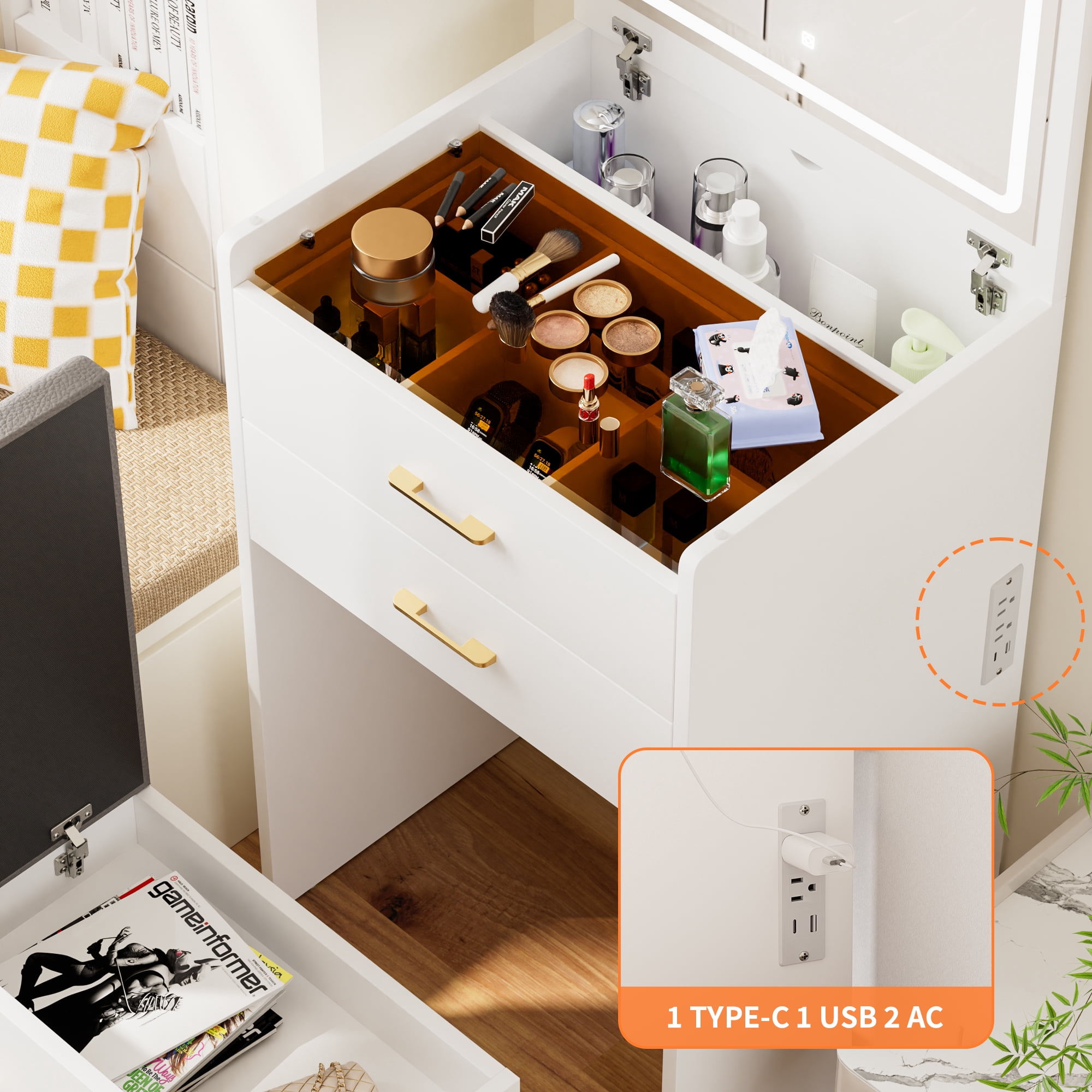 White Makeup Vanity Set with Mirror & Lights,3 in 1 Vanity Desk with 3 Drawers & Upholstered Stool