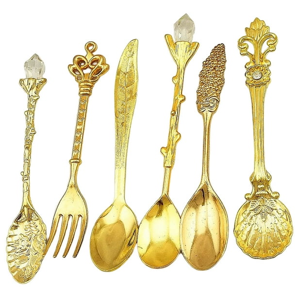 Naiovety 2020 6 uds bronce tallado ecológico pequeño té café cucharas comida tenedor cuchara para mezclar Mostrada oro Naiovety JJ6505-01
