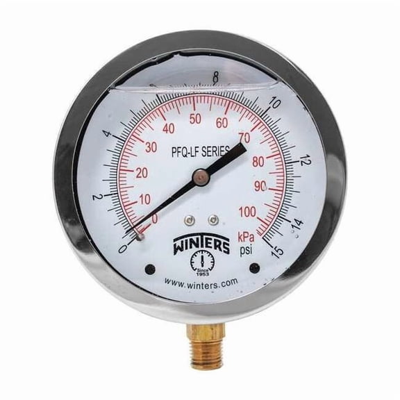 Lead-Free Pressure Gauge, 0 to 15 psi, 4 in Dial, 1/4 in NPT, Bottom Location