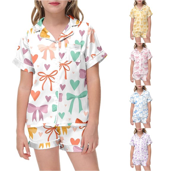 JAJAHO Pajamas For Girls 2 Piece Sets Bow Printed Short Sleeve Summer Satin Sleepwear Shorts Set For Kids 2-13Y