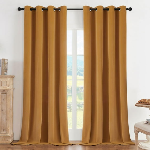 Joydeco Cortinas Opacas 100 % Color Amarillo Mostaza, 72 Pulgadas, Juego De 2 Paneles, Cortinas Opacas Para Dormitorio, Con Ojales, Cortinas De Terciopelo Con Aislamiento Térmico De Lujo, Para Sala De
