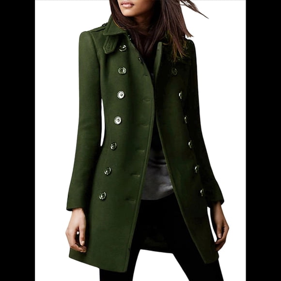 Abrigo Cruzado de Invierno para Mujer, Elegante Abrigo Tipo Gabardina de Mezcla de Larga con Cuello de Solapa y Botones Verde S
