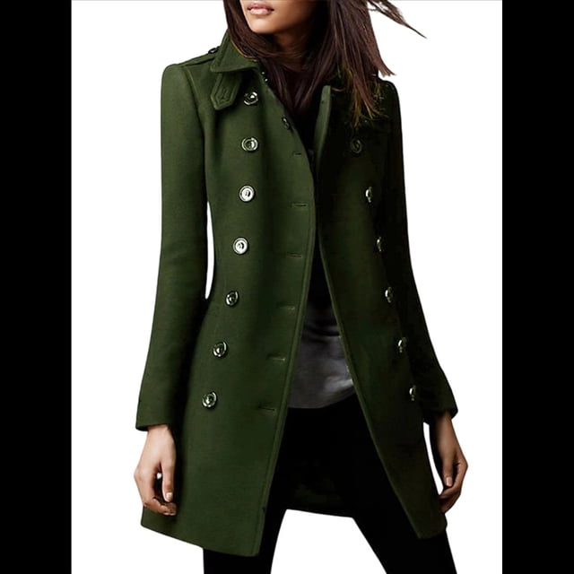 Abrigo Cruzado de Invierno para Mujer, Elegante Abrigo Tipo Gabardina de Mezcla de Larga con Cuello de Solapa y Botones Verde S