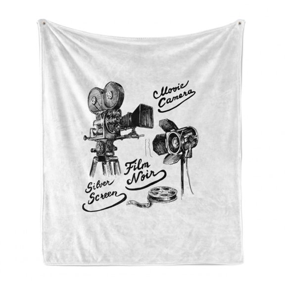 Movie Theater Soft Flannel Fleece Throw Blanket, Cinematography Themed Artwork with Old Camera and Equipment Vintage, Cozy Plush for Indoor and Outdoor Use, 50" x 60", Black White, by Ambesonne