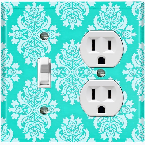 Metal Light Switch Plate Outlet Cover (Victorian Damask Flower Teal Pattern - Single Toggle Single Duplex)
